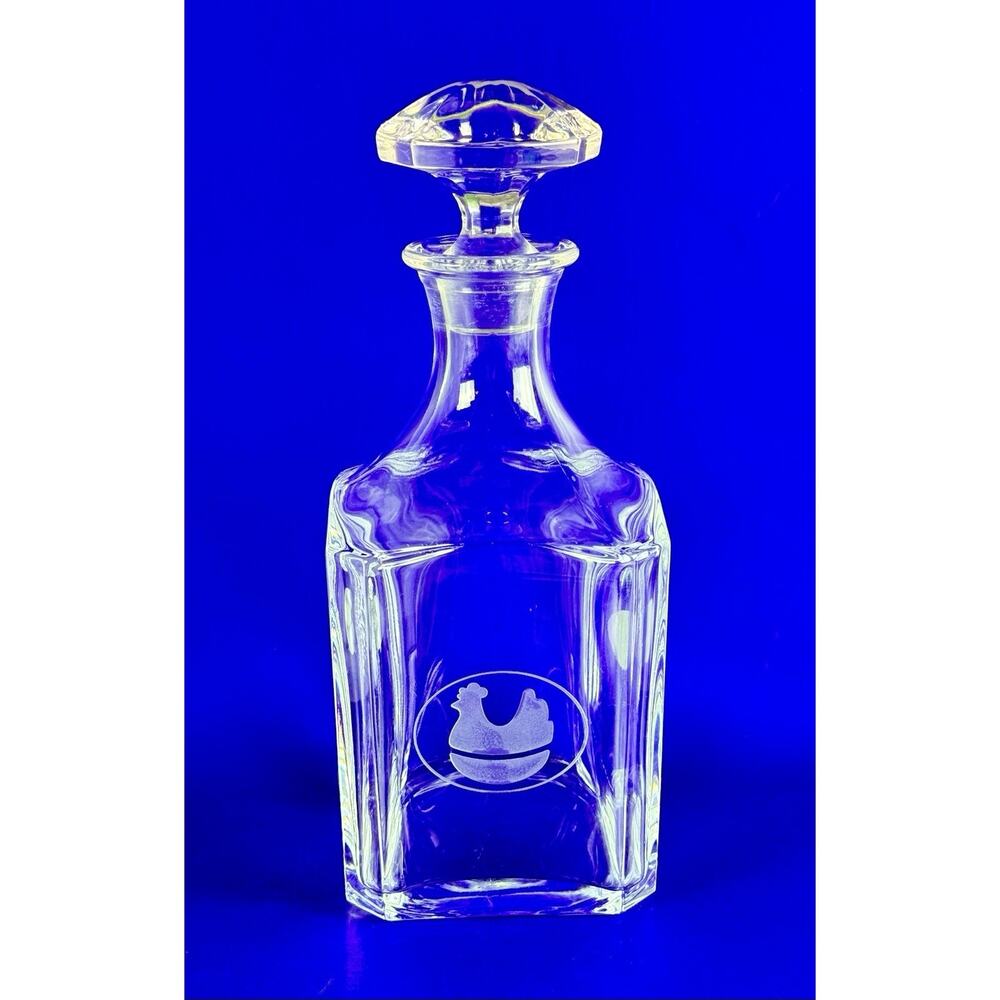 Vintage Square Crystal Whiskey Decanter & Stopper Engraved Chicken Modern Sleek